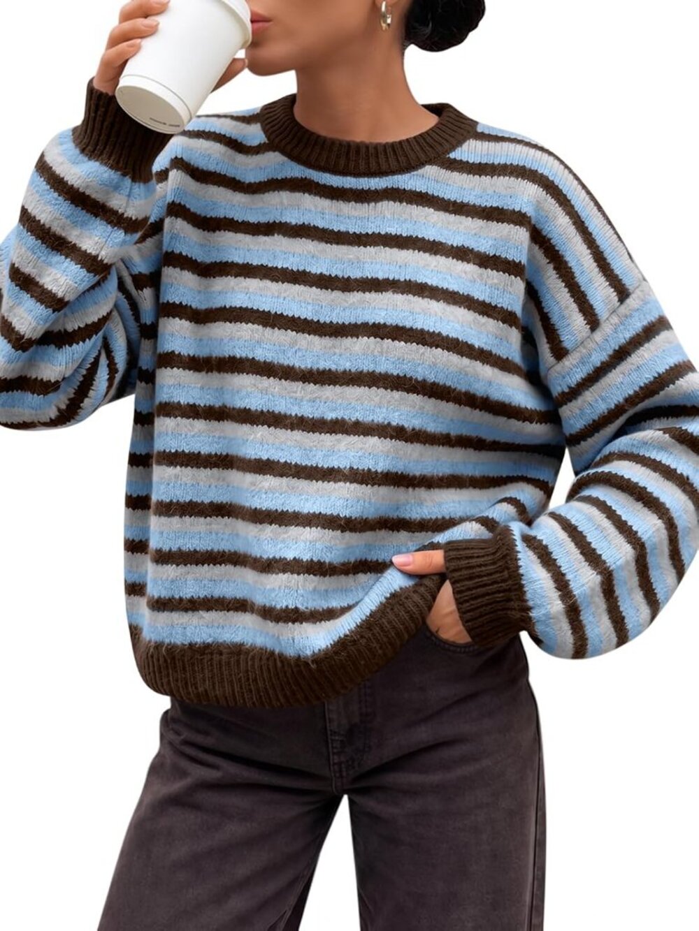 Women's Brown Blue Grey Striped Crew Neck Oversized Fall Knit Winter Sweaters